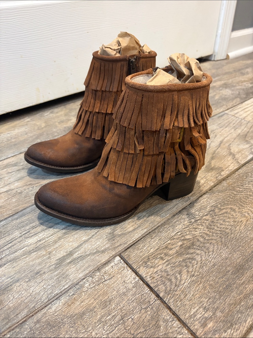 Freebird by Steven Belle Suede Fringe Ankle Boots - Chestnut Brown size 7